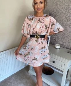 AX Paris Dresses Pink Floral Print Flute Sleeve Dress