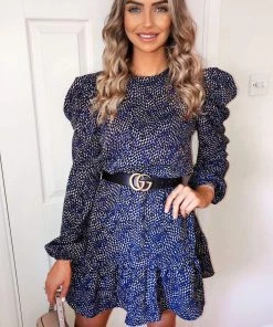 AX Paris Blue Puff Sleeve Frill Printed Shift Dress Dresses