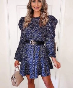 AX Paris Blue Puff Sleeve Frill Printed Shift Dress Dresses