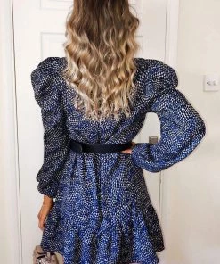 AX Paris Blue Puff Sleeve Frill Printed Shift Dress Dresses