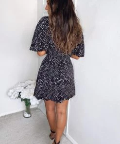 AX Paris Black And Pink Polka Dot Pleated Wrap Dress Dresses 8 AX Paris Black And Pink Polka Dot Pleated Wrap Dress Dresses