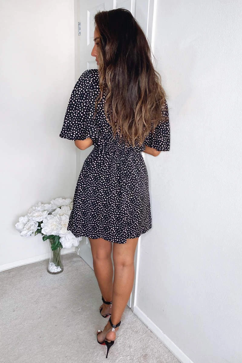 AX Paris Black And Pink Polka Dot Pleated Wrap Dress Dresses 4 AX Paris Black And Pink Polka Dot Pleated Wrap Dress Dresses