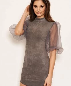 AX Paris Dark Grey Faux Suede Puff Sleeve Bodycon Dress Dresses