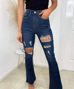 AX Paris Dark Wash Ripped Flared Jeans