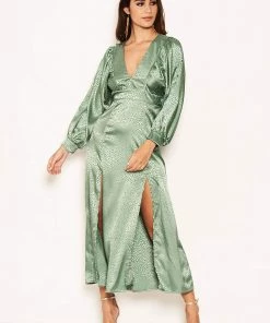 AX Paris Duck Egg Satin Printed Maxi Dress With Front Splits Dresses