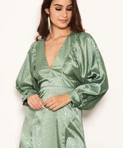 AX Paris Duck Egg Satin Printed Maxi Dress With Front Splits Dresses