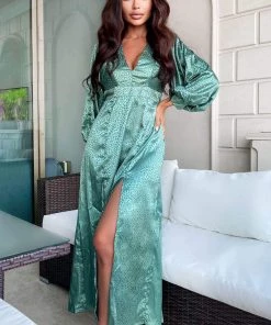 AX Paris Duck Egg Satin Printed Maxi Dress With Front Splits Dresses