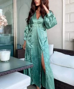 AX Paris Duck Egg Satin Printed Maxi Dress With Front Splits Dresses