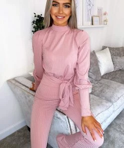 AX Paris Dusty Pink Ribbed Tie Waist Lounge Set Loungewear