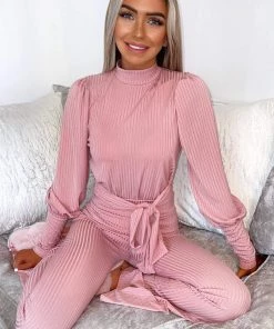AX Paris Dusty Pink Ribbed Tie Waist Lounge Set Loungewear