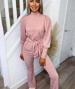 AX Paris Dusty Pink Ribbed Tie Waist Lounge Set Loungewear