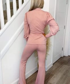 AX Paris Dusty Pink Ribbed Tie Waist Lounge Set Loungewear