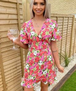 AX Paris Dresses Floral Printed Wrap Over Skater Dress