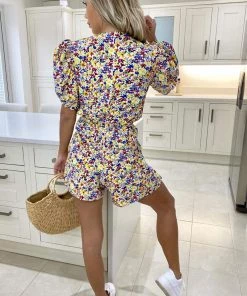 AX Paris Jumpsuits And Playsuits Floral Ruched Puff Sleeve Playsuit