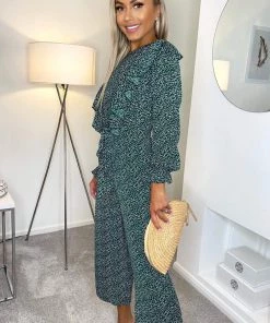 AX Paris Forest Green Printed Frill Front Tie Jumpsuit Jumpsuits And Playsuits 8 AX Paris Forest Green Printed Frill Front Tie Jumpsuit Jumpsuits And Playsuits