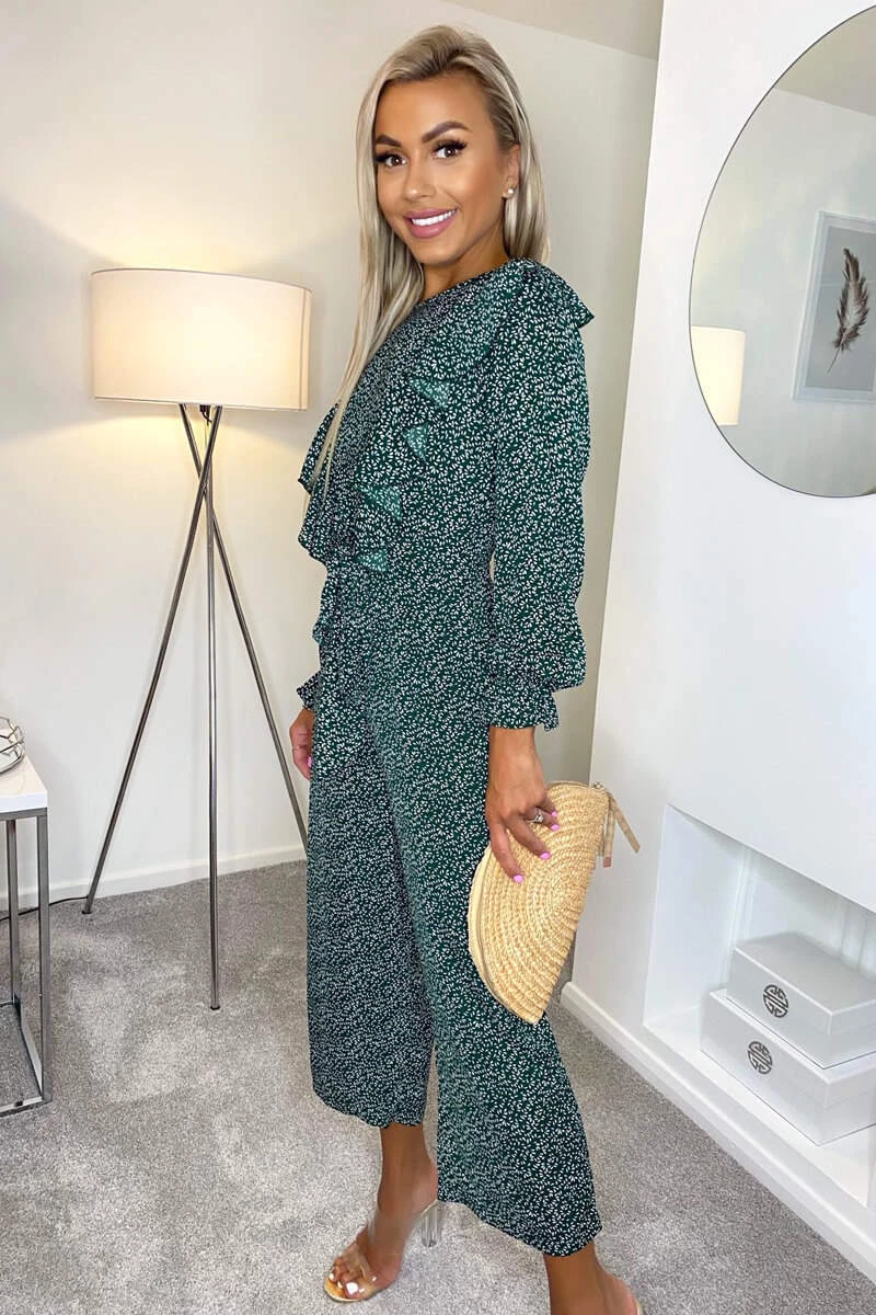 AX Paris Forest Green Printed Frill Front Tie Jumpsuit Jumpsuits And Playsuits 3 AX Paris Forest Green Printed Frill Front Tie Jumpsuit Jumpsuits And Playsuits
