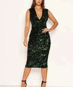 AX Paris Dresses Green Sequin Velvet Bodycon Midi Dress