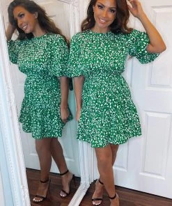 AX Paris Green Abstract Print Puff Sleeve Dress