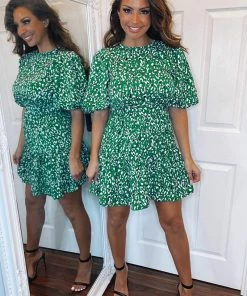 AX Paris Green Abstract Print Puff Sleeve Dress