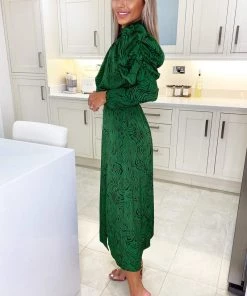 AX Paris Dresses Green Animal Print Gathered Sleeve Split Midi Dress