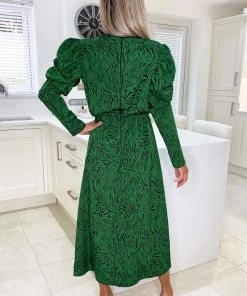 AX Paris Dresses Green Animal Print Gathered Sleeve Split Midi Dress