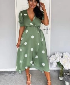 AX Paris Dresses Green Dot Print Wrap Over Midi Dress