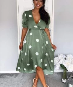 AX Paris Dresses Green Dot Print Wrap Over Midi Dress 7 AX Paris Dresses Green Dot Print Wrap Over Midi Dress