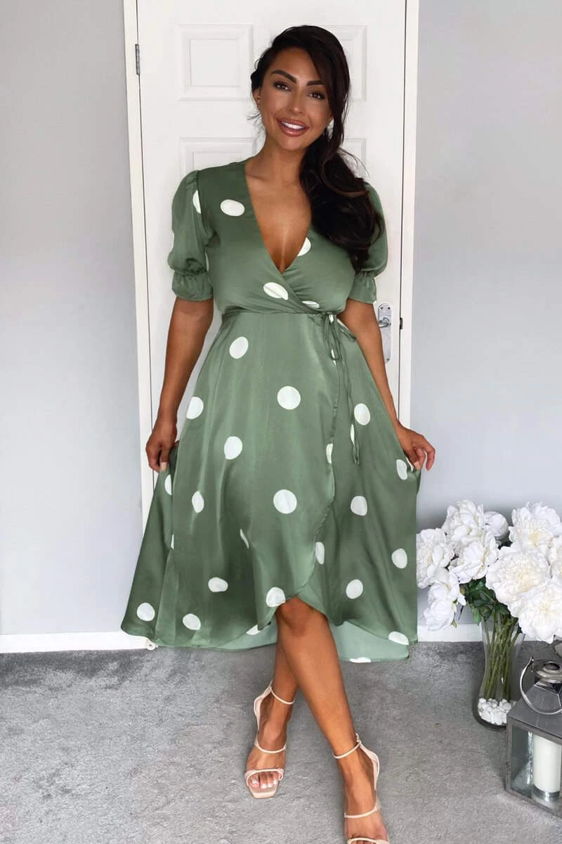 AX Paris Dresses Green Dot Print Wrap Over Midi Dress 3 AX Paris Dresses Green Dot Print Wrap Over Midi Dress