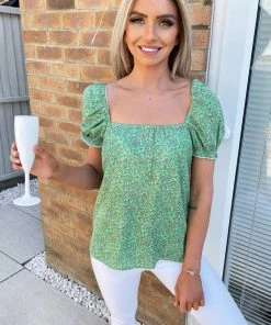 AX Paris Green Floral Square Neck Top Tops