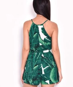 AX Paris Jumpsuits And Playsuits Green Leaf Print Tie Waist Playsuit