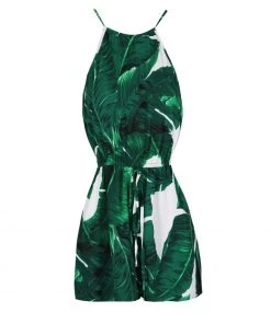 AX Paris Jumpsuits And Playsuits Green Leaf Print Tie Waist Playsuit