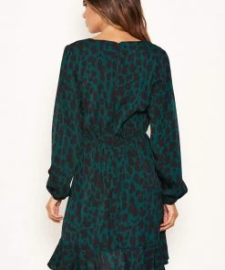 AX Paris Dresses Green Leopard Print Long Sleeve Wrap Dress