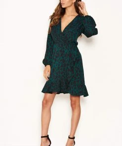AX Paris Dresses Green Leopard Print Long Sleeve Wrap Dress