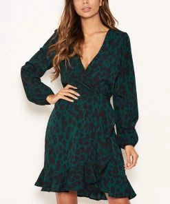 AX Paris Dresses Green Leopard Print Long Sleeve Wrap Dress