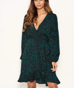 AX Paris Dresses Green Leopard Print Long Sleeve Wrap Dress