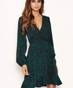 AX Paris Dresses Green Leopard Print Long Sleeve Wrap Dress