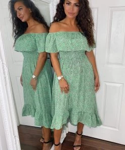 AX Paris Dresses Green Printed Bardot Style Midi Dress