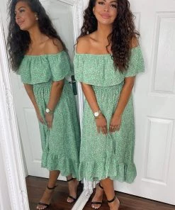 AX Paris Dresses Green Printed Bardot Style Midi Dress