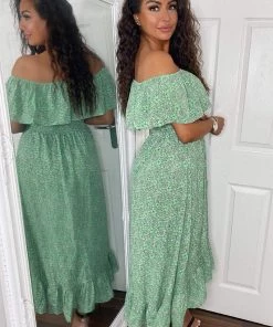 AX Paris Dresses Green Printed Bardot Style Midi Dress