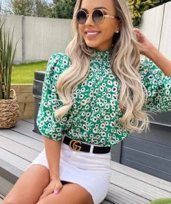 AX Paris Tops Green Printed Elasticated Neck Top