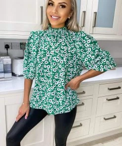 AX Paris Tops Green Printed Elasticated Neck Top
