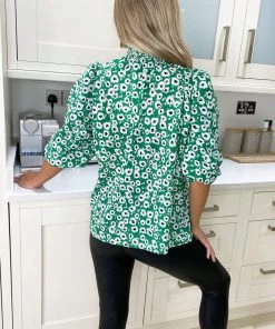 AX Paris Tops Green Printed Elasticated Neck Top