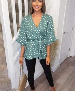 AX Paris Tops Green Printed Frill Sleeve Wrap Top