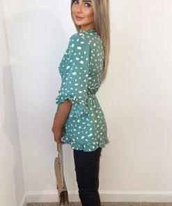 AX Paris Tops Green Printed Frill Sleeve Wrap Top