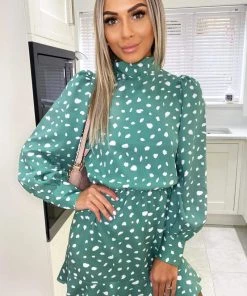 AX Paris Green Printed High Neck Skater Dress