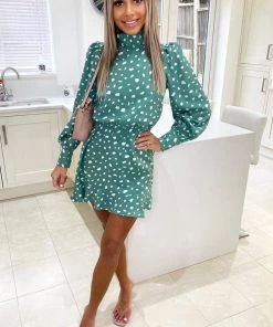 AX Paris Green Printed High Neck Skater Dress