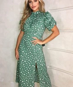 AX Paris Green Printed Ruched Short Sleeve Midi Dress Dresses