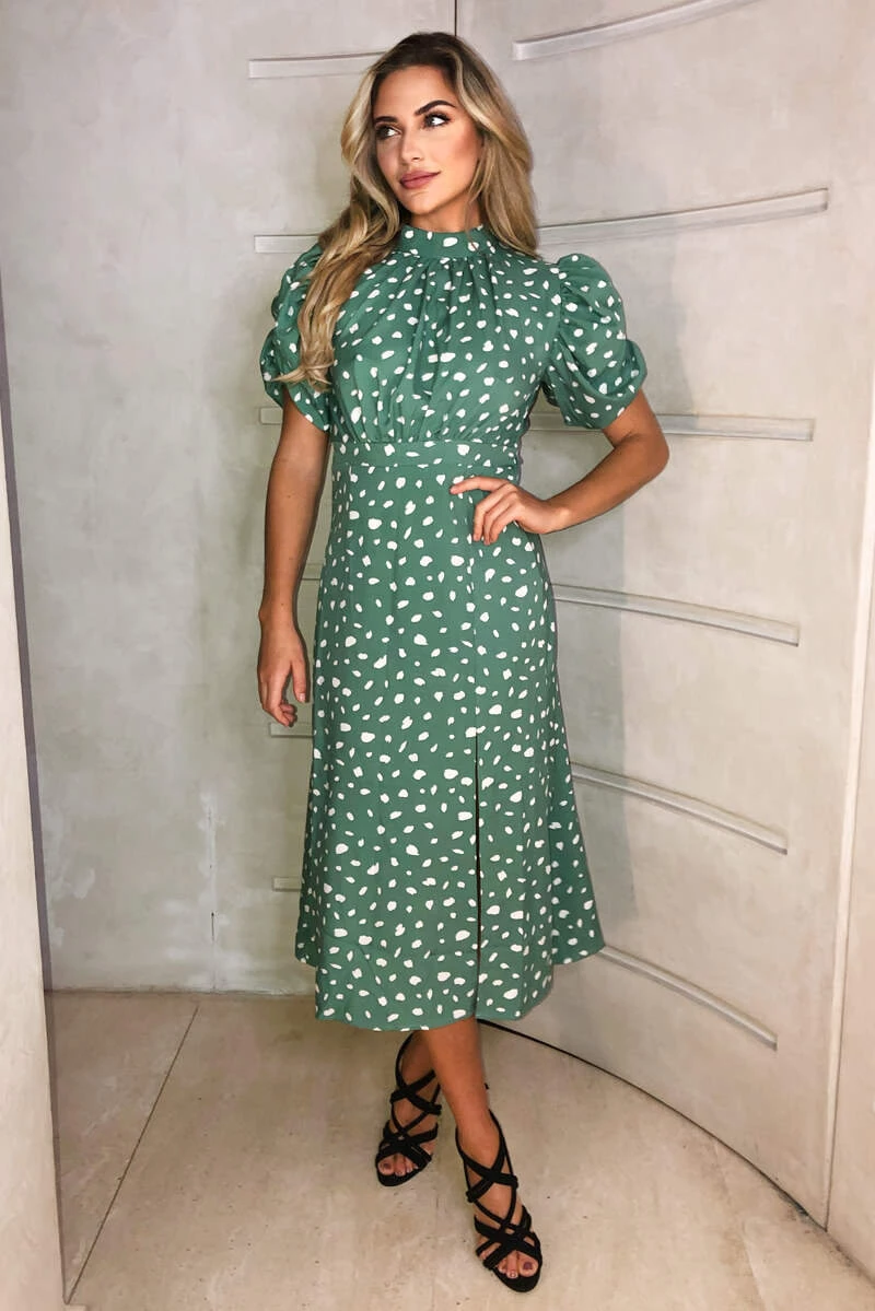AX Paris Green Printed Ruched Short Sleeve Midi Dress Dresses 5 AX Paris Green Printed Ruched Short Sleeve Midi Dress Dresses