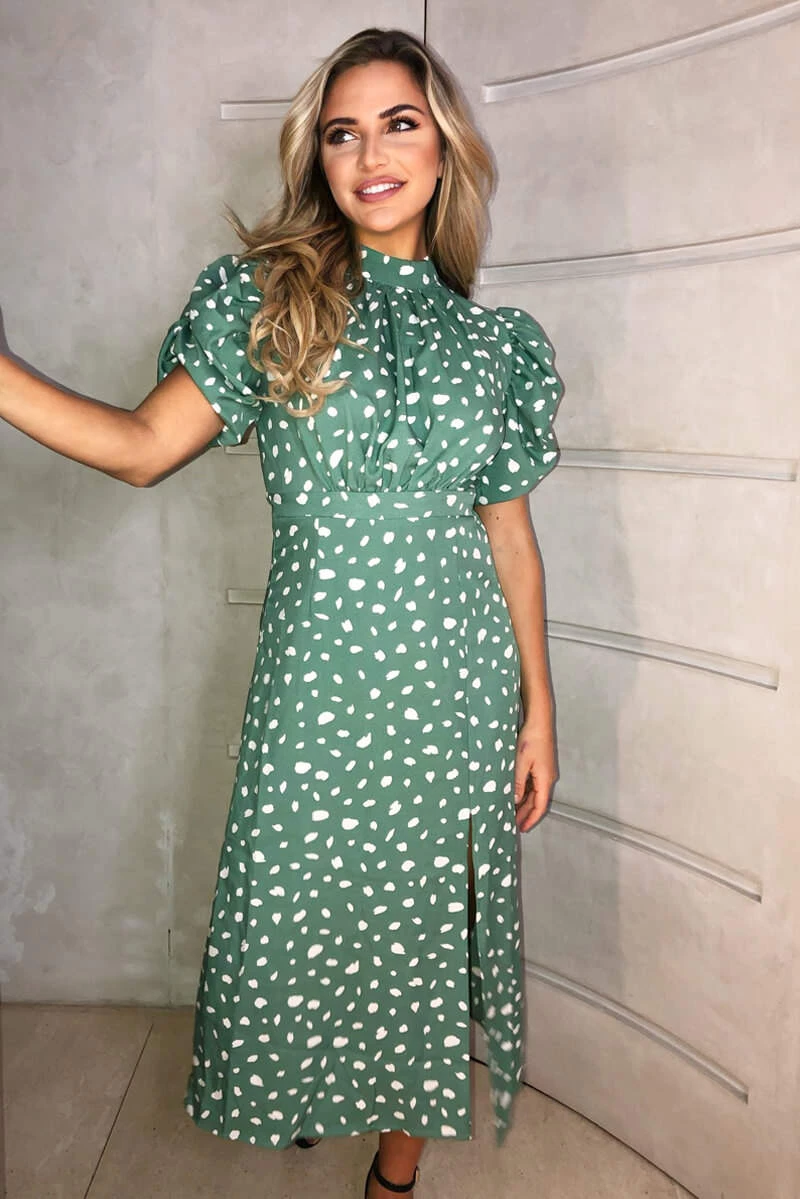 AX Paris Green Printed Ruched Short Sleeve Midi Dress Dresses 6 AX Paris Green Printed Ruched Short Sleeve Midi Dress Dresses
