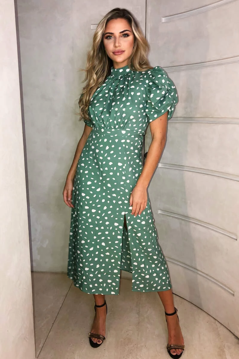 AX Paris Green Printed Ruched Short Sleeve Midi Dress Dresses 2 AX Paris Green Printed Ruched Short Sleeve Midi Dress Dresses